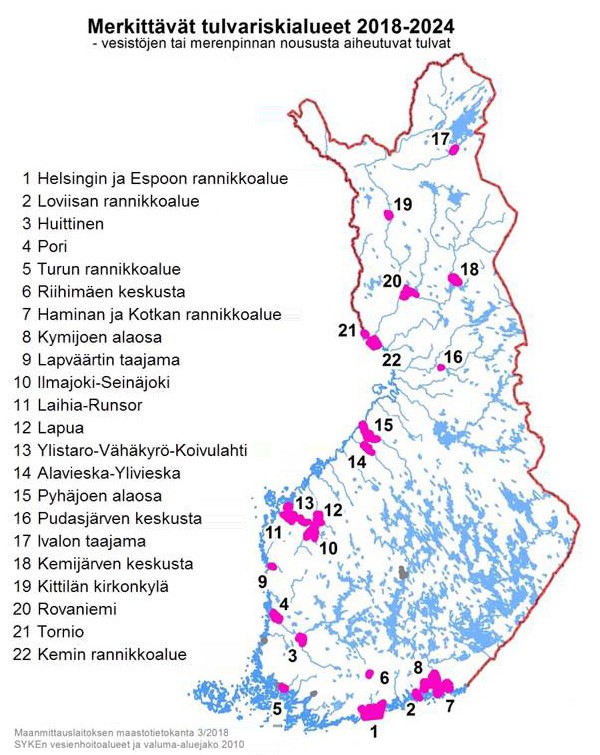 Merkittävät tulvariskialueet Suomessa sijoittuvat Etelä- ja Länsi-Suomen rannikkoalueille ja sisämaahan, sekä Lappiin. 